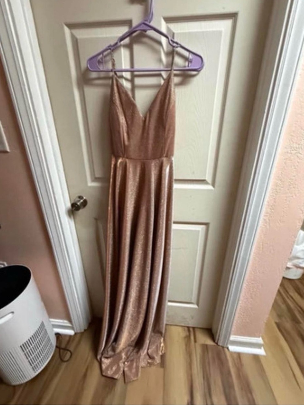 Spaghetti-Strap Metallic Maxi Dress in Rose Gold